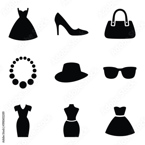 Womens style silhouettes, cocktail dress, stiletto shoe, handbag, pearl necklace, sun hat, sunglasses, fashion week banner, seasonal wardrobe vector design