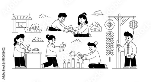 Joyful east asian families celebrate lunar new year traditions, exchanging red envelopes filled with money and setting off firecrackers, amidst decorative lanterns and auspicious
