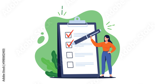 Woman with a giant pen marking checkboxes on a large clipboard, symbolizing task completion, efficient management, and successful planning.