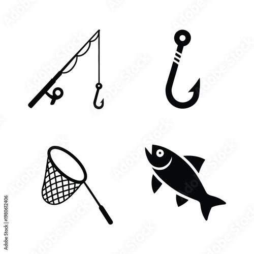 Fishing gear silhouettes, rod, reel, lure, big hook, landing net, jumping fish, angling tournament poster, lake adventure, outdoor recreation vector