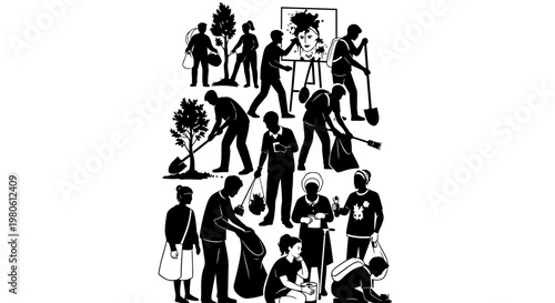 Black and white silhouette illustration of a community volunteer group working together.
