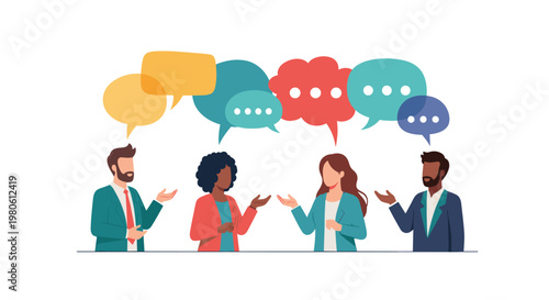 Diverse group of four people engaging in lively discussion with speech bubbles above their heads, representing communication and teamwork.