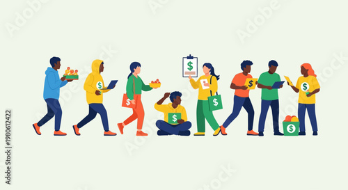 Diverse group of young people interacting with financial symbols and money icons.