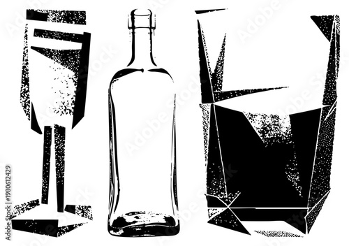 Black and white halftone vector illustration of classic drinking vessels, including wine glass, bottle, and tumbler with textured shading, ideal for retro design or beverage branding.