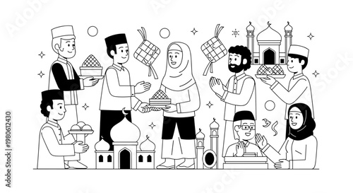 Joyful muslim families and friends share traditional ketupat and sweet treats during a festive islamic celebration with mosque silhouettes and star embellishments adorning the