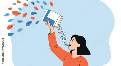 Woman pouring pills from a bottle into her mouth, with leaves floating around, symbolizing medication, addiction, or mental health struggles.