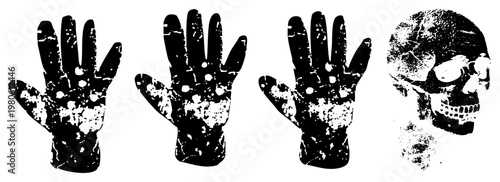 Stylized black and white hands with splattered texture, grimy gloves, decayed skull, halftone print, gritty aesthetic, horror motif, graphic design element.