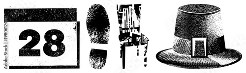 Black and white halftone vector calendar date 28, human footprint, ornate chair, pilgrim hat. Retro graphic design elements for print or digital use.