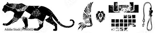 Black silhouette with textured fills panther,, lion head, U bolts, grid tiles, rope leash vector art for branding or UI.