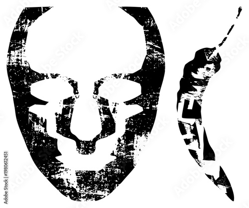 Distressed graphic mask and chili pepper cutouts, stencil art, gritty texture, bold, vector illustration, isolated elements.
