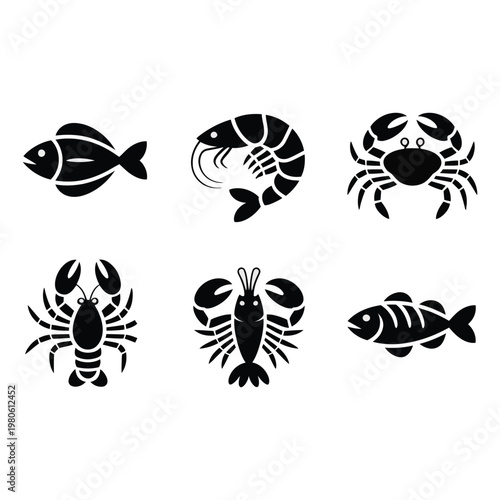 Sea creatures silhouettes set, fish, crab, lobster, shrimp, shell, fish skeleton, seafood market banner, culinary event, coastal cuisine vector