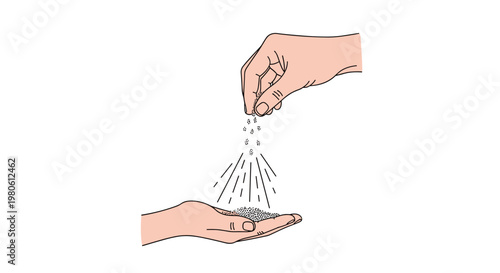 Two hands, one gently pouring small particles into the other, symbolizing giving, sharing, growth, and the act of sowing.