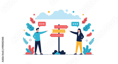 Man and woman standing near a multi-directional signpost, pointing in different ways, symbolizing decision-making, choices, and crossroads in life.