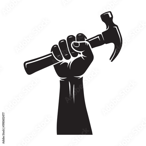 Strong fist holding a hammer vector illustration, symbol of labor, construction, and manual work.