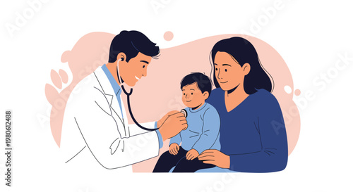 Smiling male doctor examining a small child held by his mother with a stethoscope, symbolizing healthcare, pediatrics, and family care.