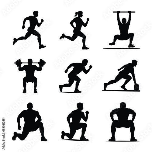 Workout exercise silhouettes, athletes running jumping squatting lifting, gym training program poster, fitness challenge event branding, coaching session, vector illustration
