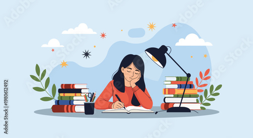 Tired woman studying late at a desk surrounded by many books and an illuminated lamp, symbolizing academic stress and burnout.