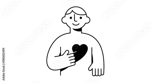 Minimalist black and white character with a hand gently touching a solid heart shape placed over their chest, conveying themes of self-love, care, and emotional well-being with