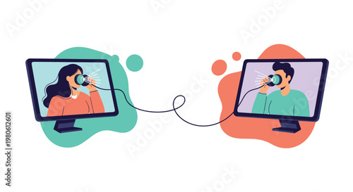 Man and woman on computer screens talk through tin can phones to show a long-distance relationship and online communication.