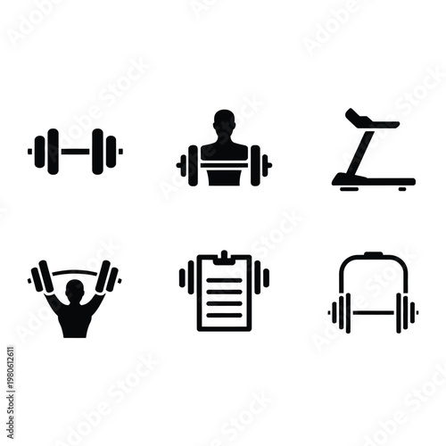 Gym equipment silhouettes, dumbbells barbell bench press treadmill cable machine, training poster, strength workshop branding, fitness club vector illustration