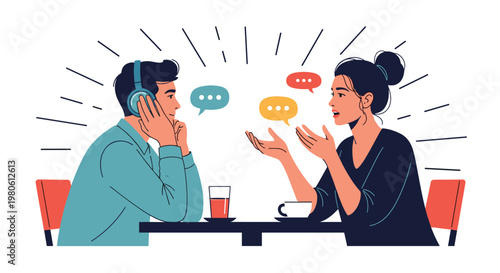 Woman talking to a man wearing headphones who is practicing active listening during an interesting and engaging conversation.
