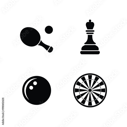 Indoor games silhouette set, ping pong paddle ball, chess bishop, bowling ball, dartboard target, tournament poster, recreation branding, vector illustration