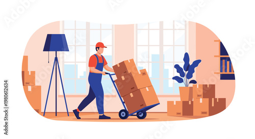 Professional mover in a uniform using a hand truck to move stacked cardboard boxes during a home relocation service.