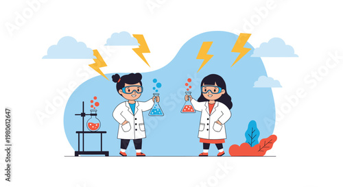 Two young girl scientists in lab coats and goggles happily conduct a chemical experiment with flasks and beakers in a lab.