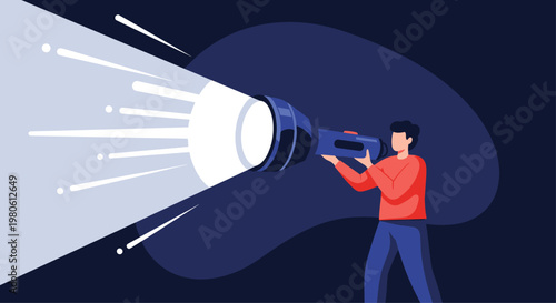Man holding a giant flashlight that is shining a powerful beam of light into the darkness to find something important.