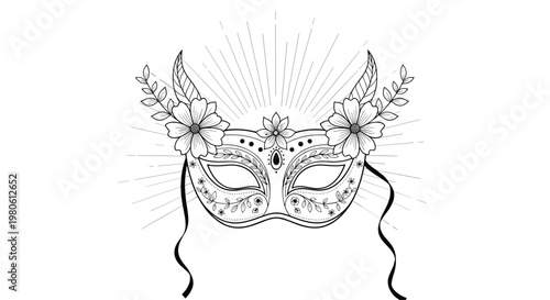 Beautifully detailed black and white venetian carnival mask decorated with flowers leaves and elegant floral patterns.