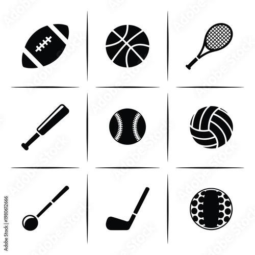 Sports equipment grid silhouettes, football basketball tennis racket baseball bat, volleyball hockey stick, coaching poster, tournament branding, vector illustration