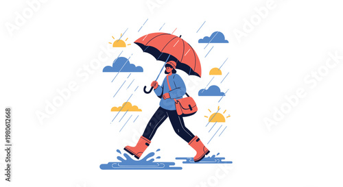 Person wearing a coat and boots walks with an umbrella through a puddle in the rain while the sun is also shining.