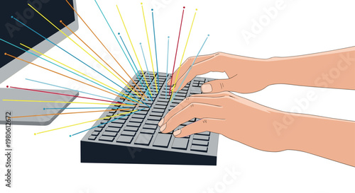 Close up view of hands typing on a computer keyboard with colorful lines of data streaming out representing fast communication.