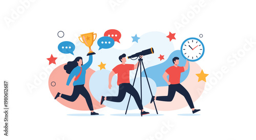 Business team of motivated people running with a trophy telescope and clock to represent success vision and time management.