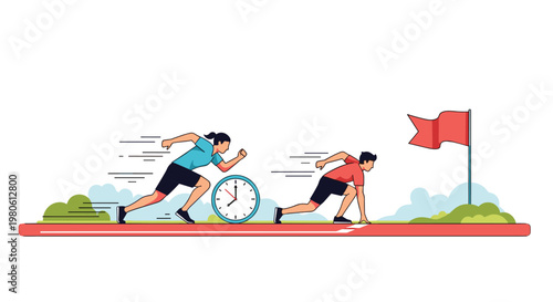 Two athletes racing on a track with one starting and the other running past a clock to represent competition and speed.