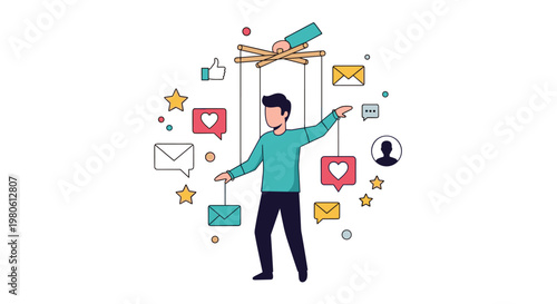 A man being controlled like a puppet by strings connected to social media icons representing manipulation and online addiction.