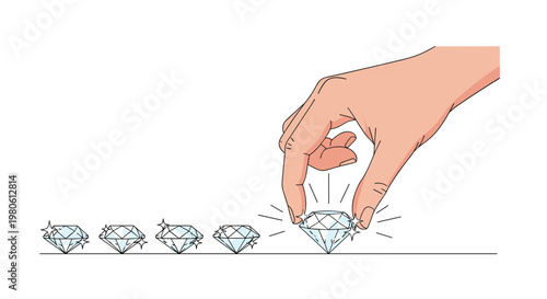 A hand carefully selecting the best and most brilliant diamond from a row of gems to represent quality and perfection.