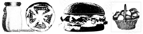 Vintage style halftone prints of kitchen items salt shaker, tomato slice, burger, fruit basket, food, dining essentials, culinary symbols.