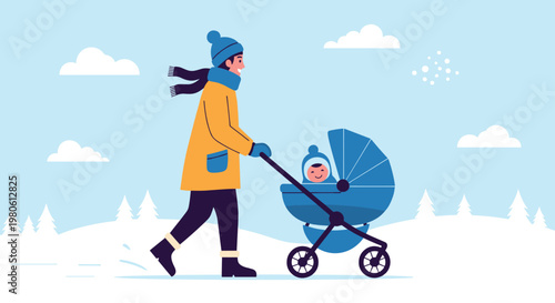 Parent wearing warm winter clothes pushes a happy baby in a stroller through a snowy landscape for a peaceful outdoor walk.
