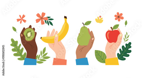 Diverse hands holding various fresh fruits like kiwi banana pear and apple surrounded by leaves promoting healthy eating habits.