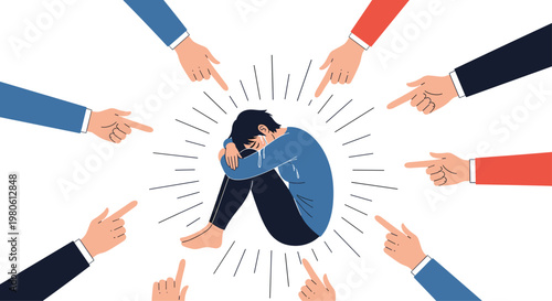 Sad and depressed person sits curled up while many hands point at them accusingly illustrating bullying and public shame.
