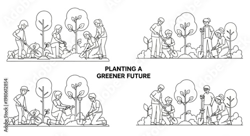 People Planting Trees and Gardening for a Greener Future Illustration Set.