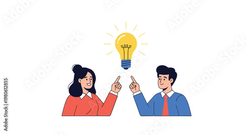 Man and woman pointing at a glowing lightbulb above them representing a shared idea creativity and successful brainstorming.