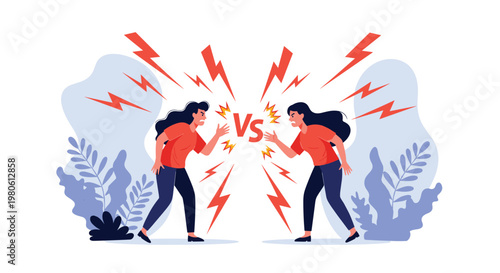 Two angry women are engaged in a heated argument with lightning bolts and a versus sign between them symbolizing conflict.