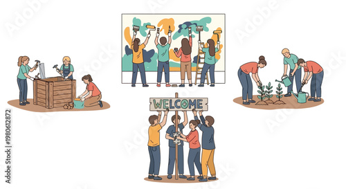 Group of volunteers engaged in various community service and renovation activities.