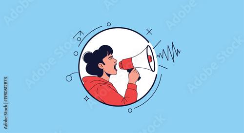 Person inside a circle shouts into a megaphone making an important announcement or protesting for a cause on a blue background.