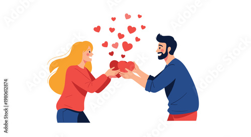 Loving couple smiling at each other while holding a large red heart together symbolizing their romance and deep connection.