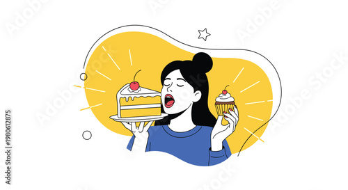 Woman indulges in her sweet cravings by eating a large slice of cake and holding a cupcake on a yellow background.