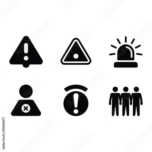 Safety alert icons collection, warning triangle, exclamation mark, emergency siren, group people symbol, hazard notice, compliance signage, preparedness, silhouette vector