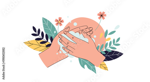 Hands being washed thoroughly with soap and bubbles surrounded by leaves and flowers to promote good hygiene and cleanliness.
